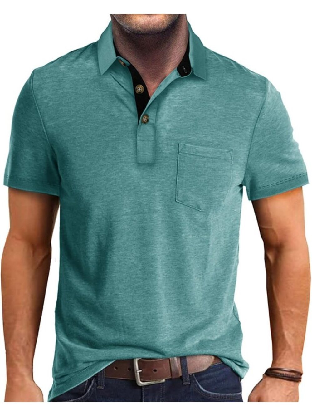 Men's Light Green Casual Long Sleeve Polo Shirts Classic Button Cotton Stylish